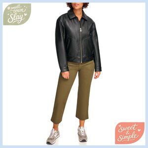 Faux Leather Lightweight Dad Bomber Jacket Relaxed Fit Four Pockets